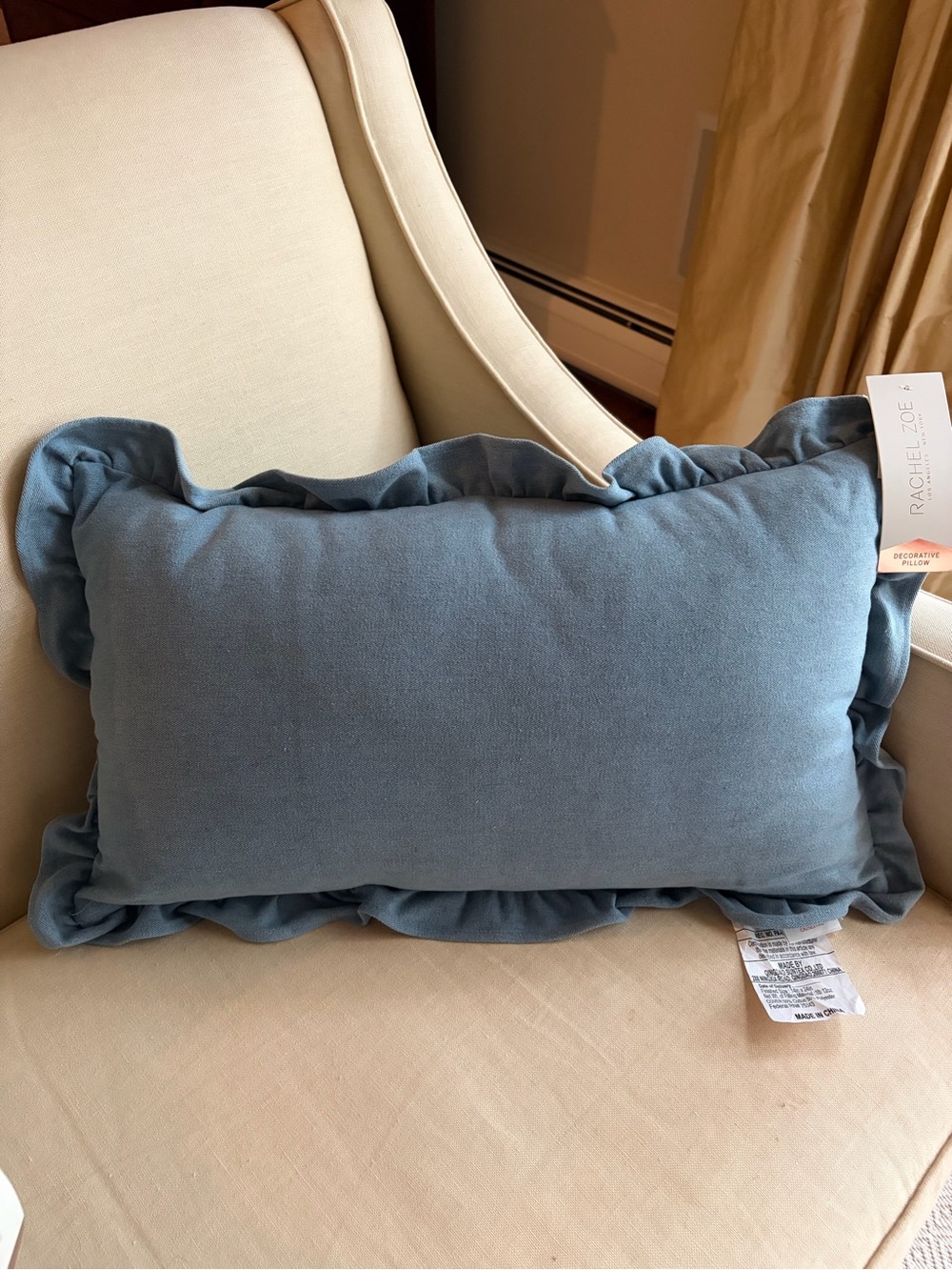 NWT Rachel Zoe Denim Ruffle trim lumbar pillow